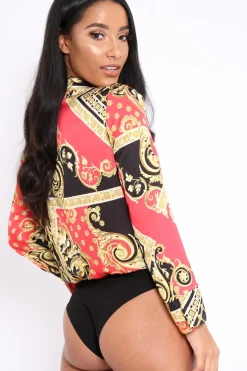 Rebellious Fashion Red and Gold Scarf Print Satin Plunge Bodysuit - Moniqua
