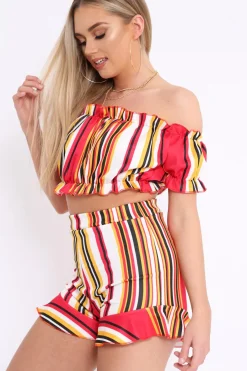 Rebellious Fashion Red And Mustard Stripe Ruffle Bardot Bralet And Shorts Co-ord - Zia