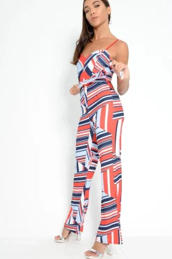 Rebellious Fashion Red And Navy Blue Aztec Print Wide Leg Jumpsuit - Catelynn