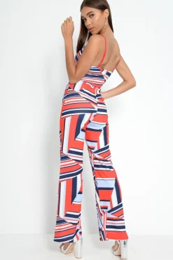 Rebellious Fashion Red And Navy Blue Aztec Print Wide Leg Jumpsuit - Catelynn