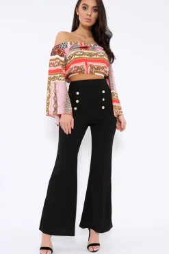 Rebellious Fashion Red and Pink Scarf Print Bardot Top with Flare Sleeves - Skyla