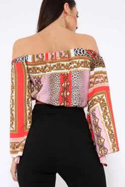 Rebellious Fashion Red and Pink Scarf Print Bardot Top with Flare Sleeves - Skyla