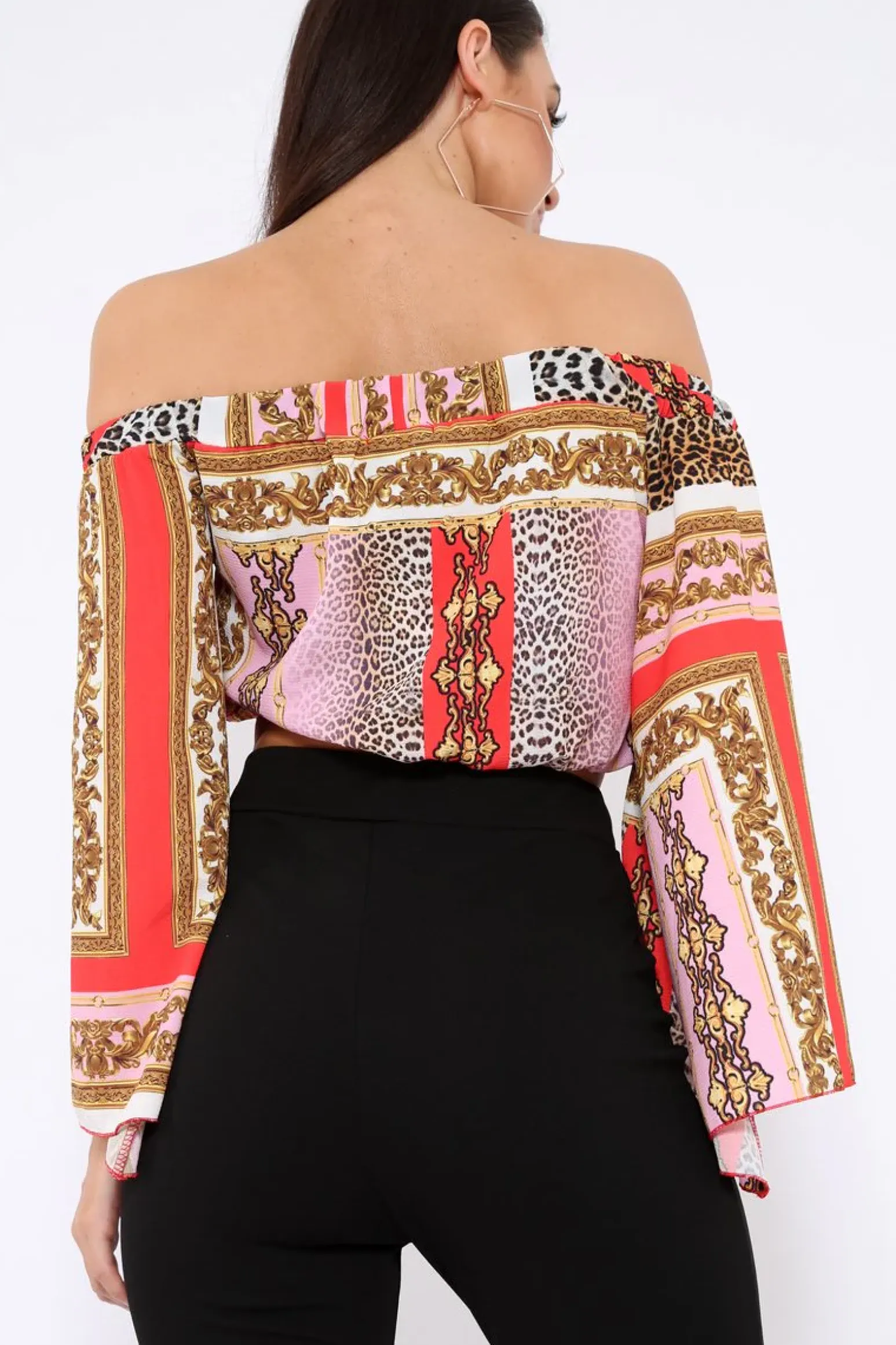 Rebellious Fashion Red and Pink Scarf Print Bardot Top with Flare Sleeves - Skyla