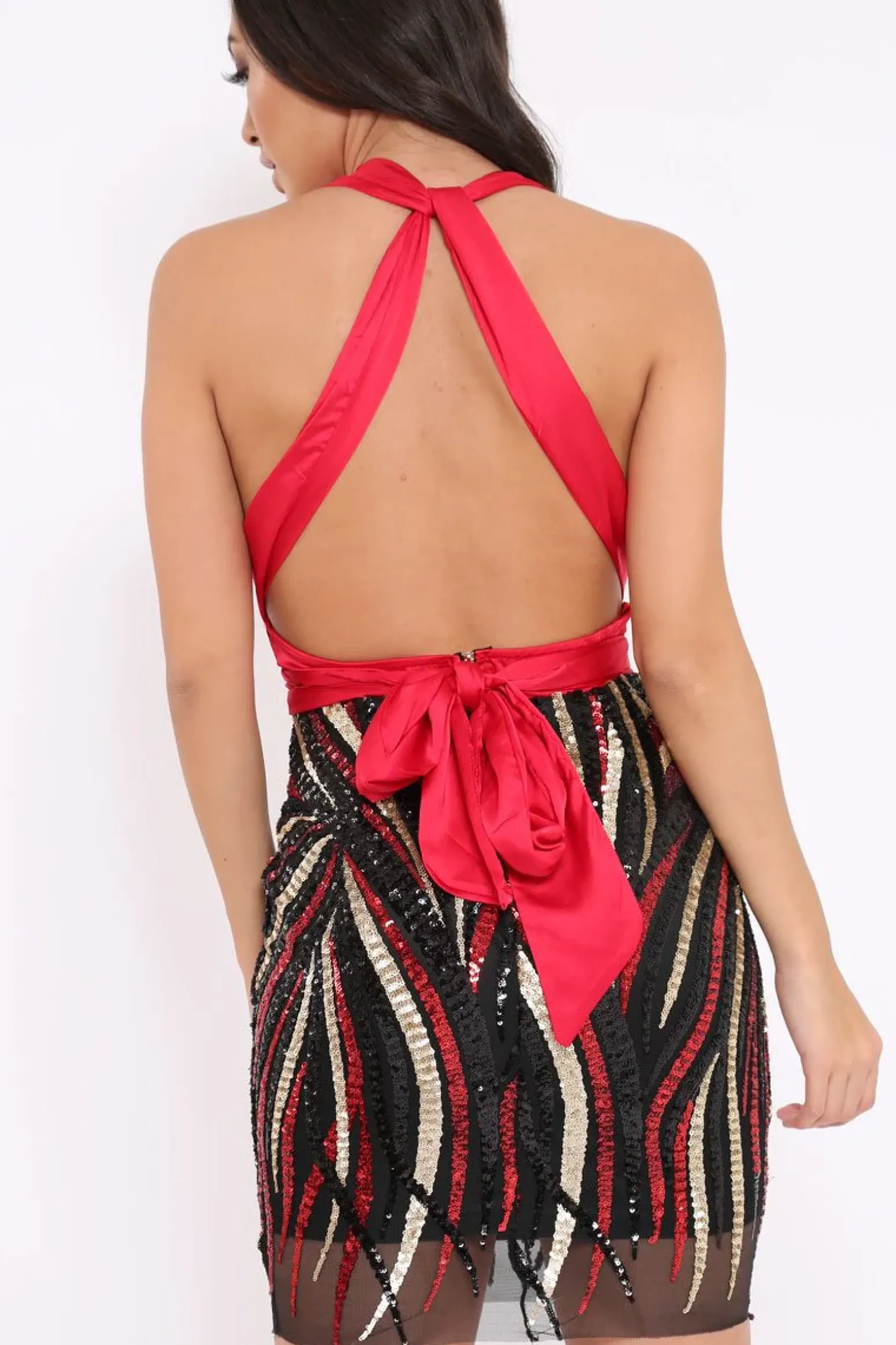Rebellious Fashion Red and Sequin Halterneck Dress - Adrianna