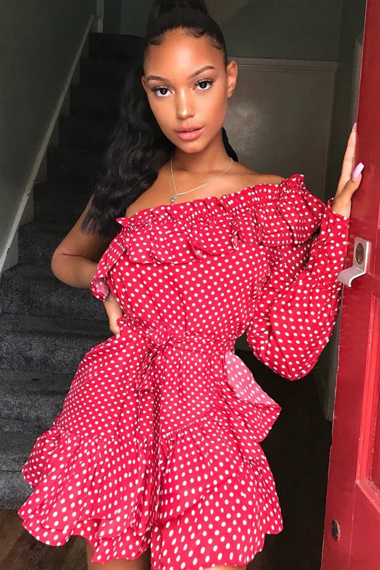 Rebellious Fashion Red and white Polka Dot One Shoulder Frill Dress - Zyann