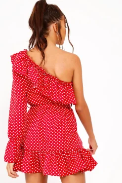 Rebellious Fashion Red and white Polka Dot One Shoulder Frill Dress - Zyann