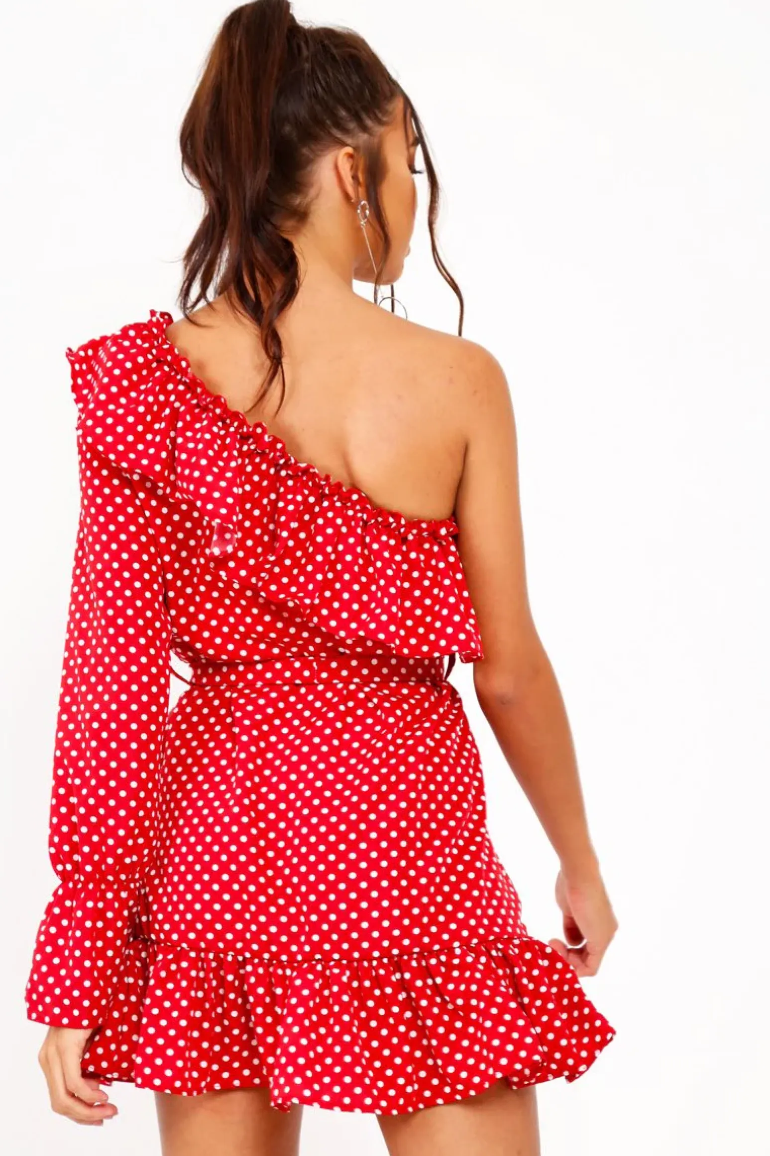 Rebellious Fashion Red and white Polka Dot One Shoulder Frill Dress - Zyann