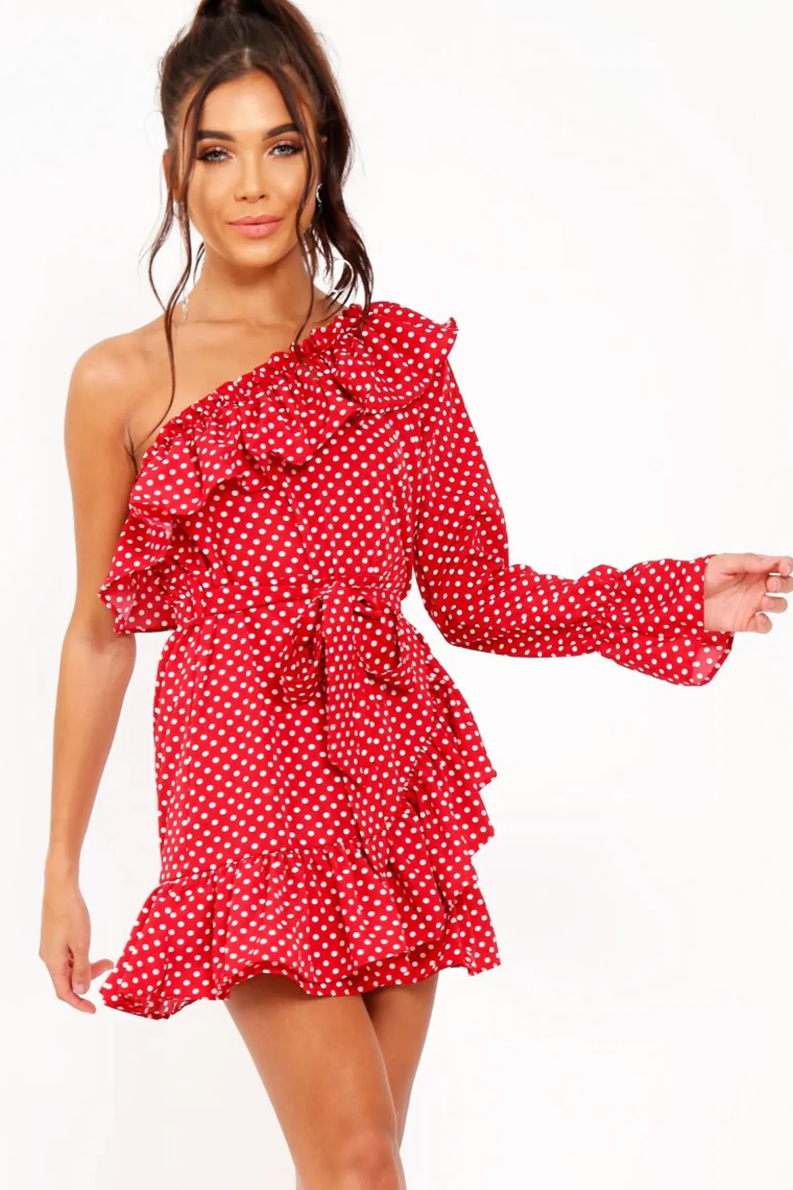 Rebellious Fashion Red and white Polka Dot One Shoulder Frill Dress - Zyann