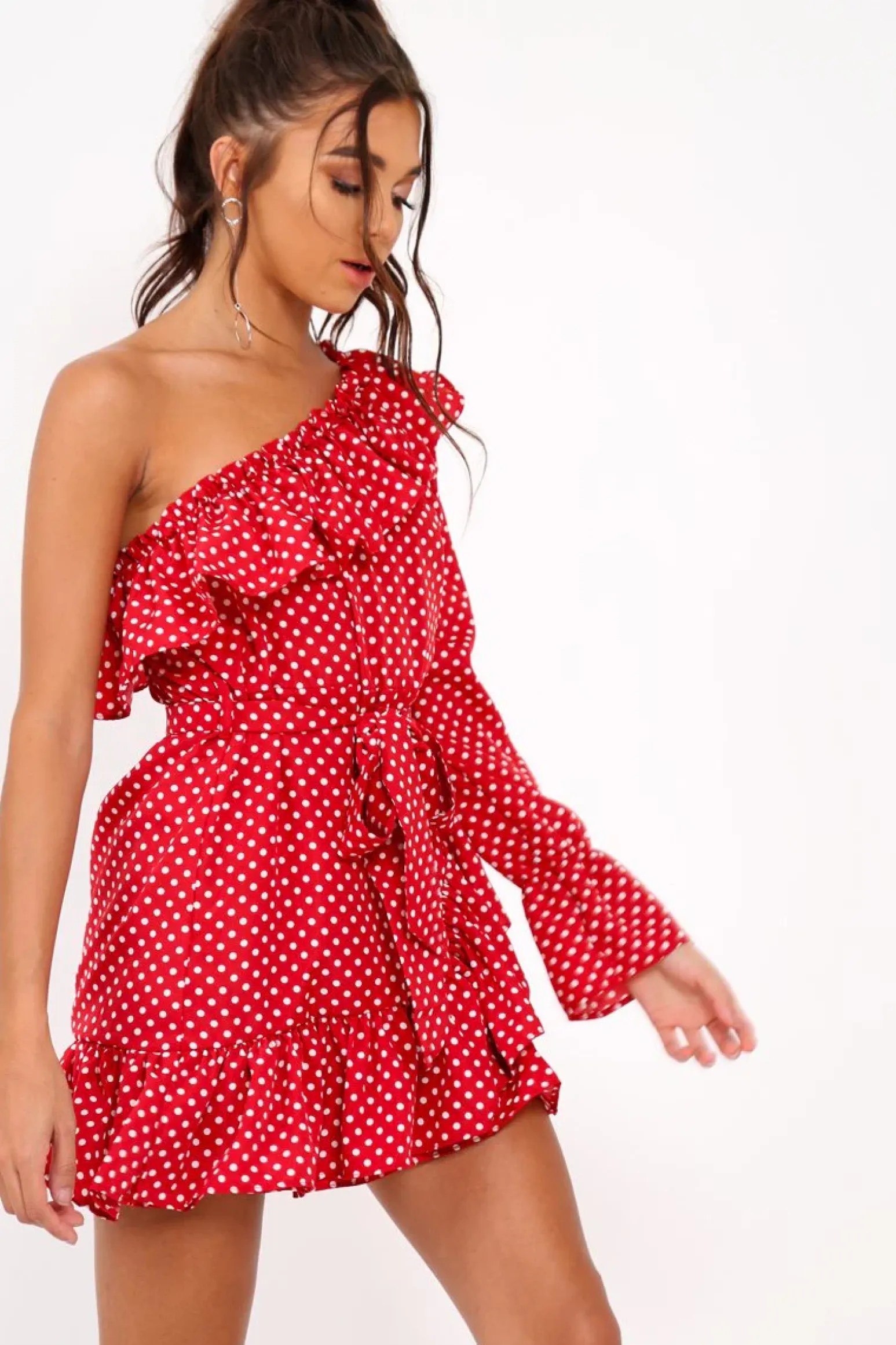Rebellious Fashion Red and white Polka Dot One Shoulder Frill Dress - Zyann