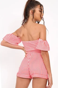 Rebellious Fashion Red and White Striped Bardot Playsuit - Suzey