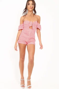 Rebellious Fashion Red and White Striped Bardot Playsuit - Suzey