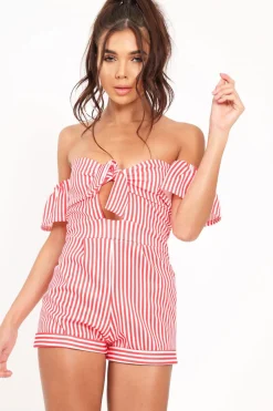 Rebellious Fashion Red and White Striped Bardot Playsuit - Suzey