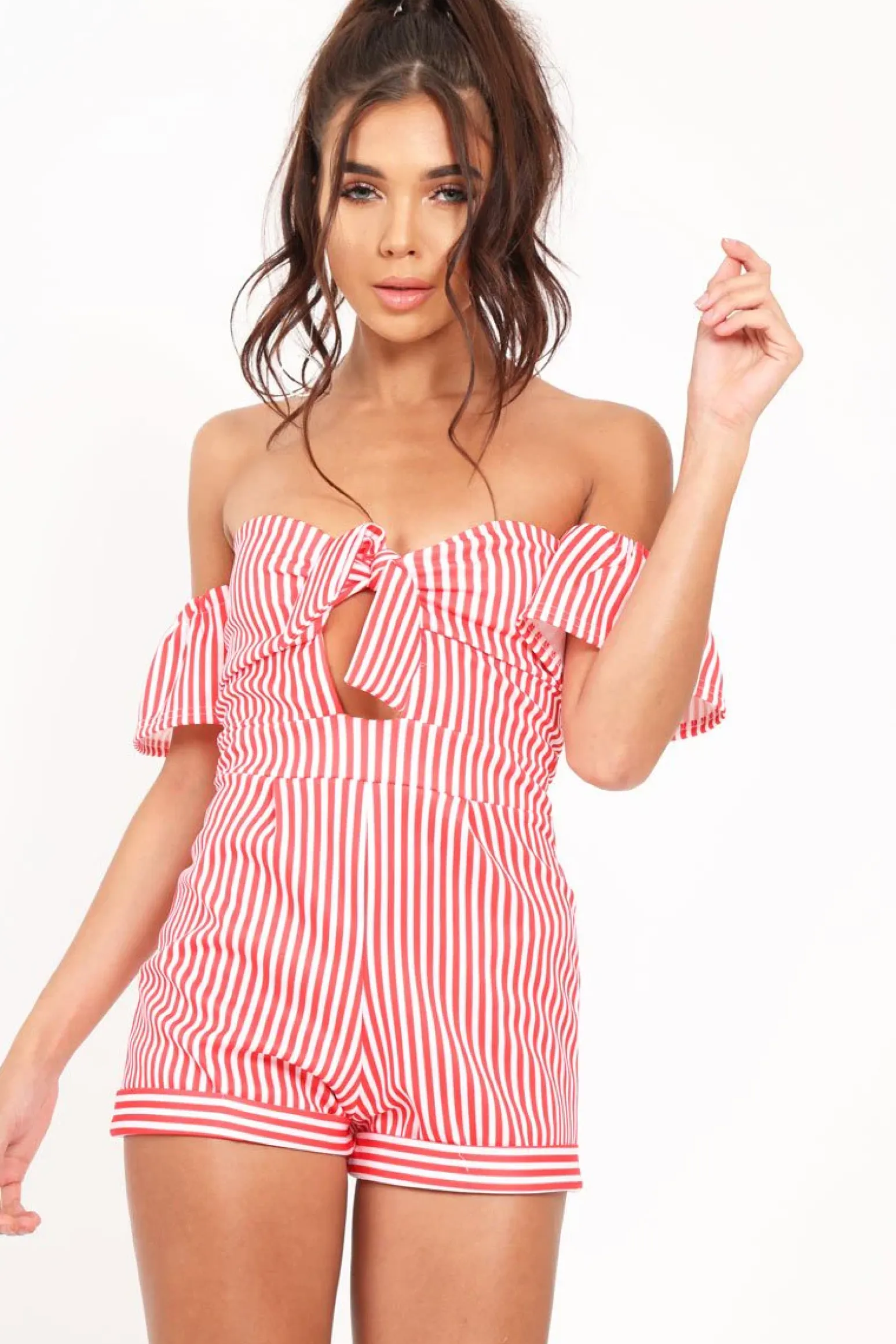Rebellious Fashion Red and White Striped Bardot Playsuit - Suzey
