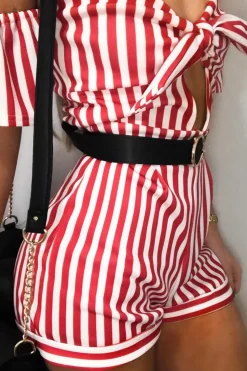 Rebellious Fashion Red and White Striped Bardot Playsuit - Gracy