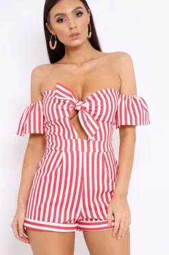 Rebellious Fashion Red and White Striped Bardot Playsuit - Gracy