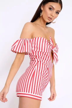 Rebellious Fashion Red and White Striped Bardot Playsuit - Gracy