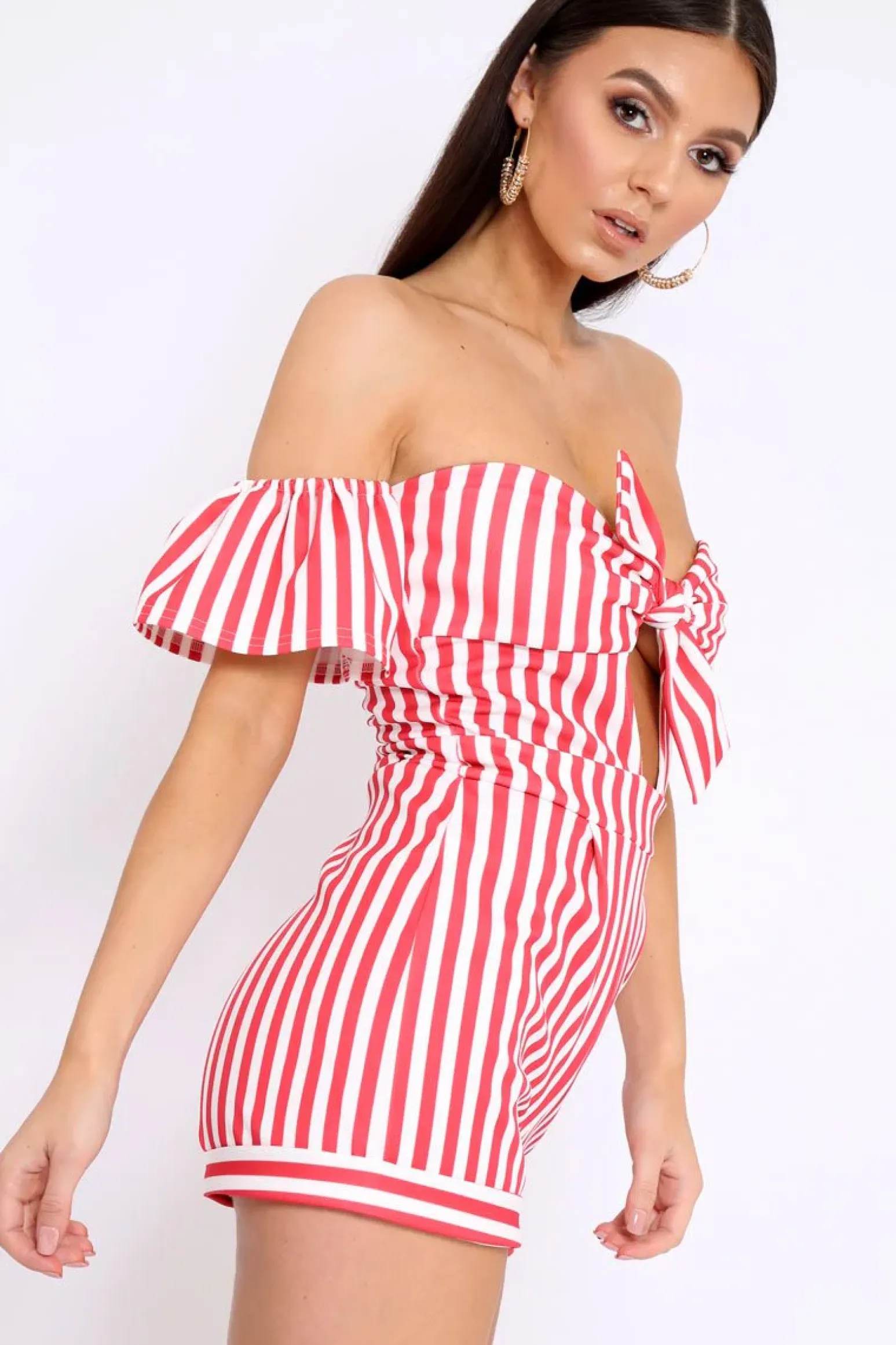 Rebellious Fashion Red and White Striped Bardot Playsuit - Gracy