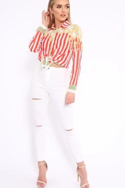 Rebellious Fashion Red and White Striped Shirt with Gold Scarf Print Detail - Jalana
