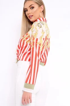 Rebellious Fashion Red and White Striped Shirt with Gold Scarf Print Detail - Jalana