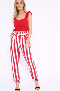 Rebellious Fashion Red and White Striped Tie Waist Tapered Trousers - Dura