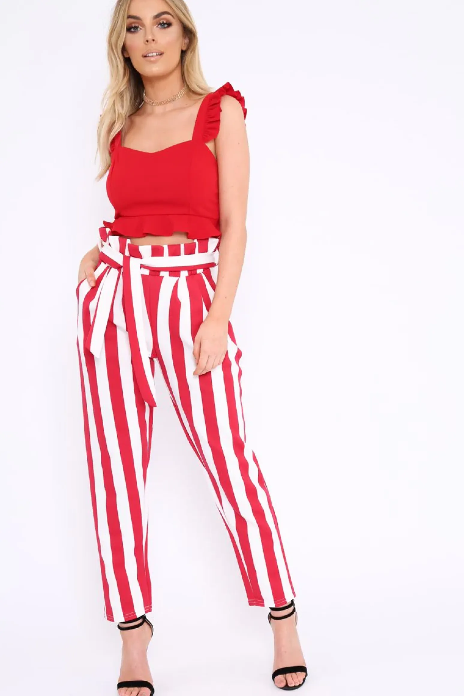 Rebellious Fashion Red and White Striped Tie Waist Tapered Trousers - Dura