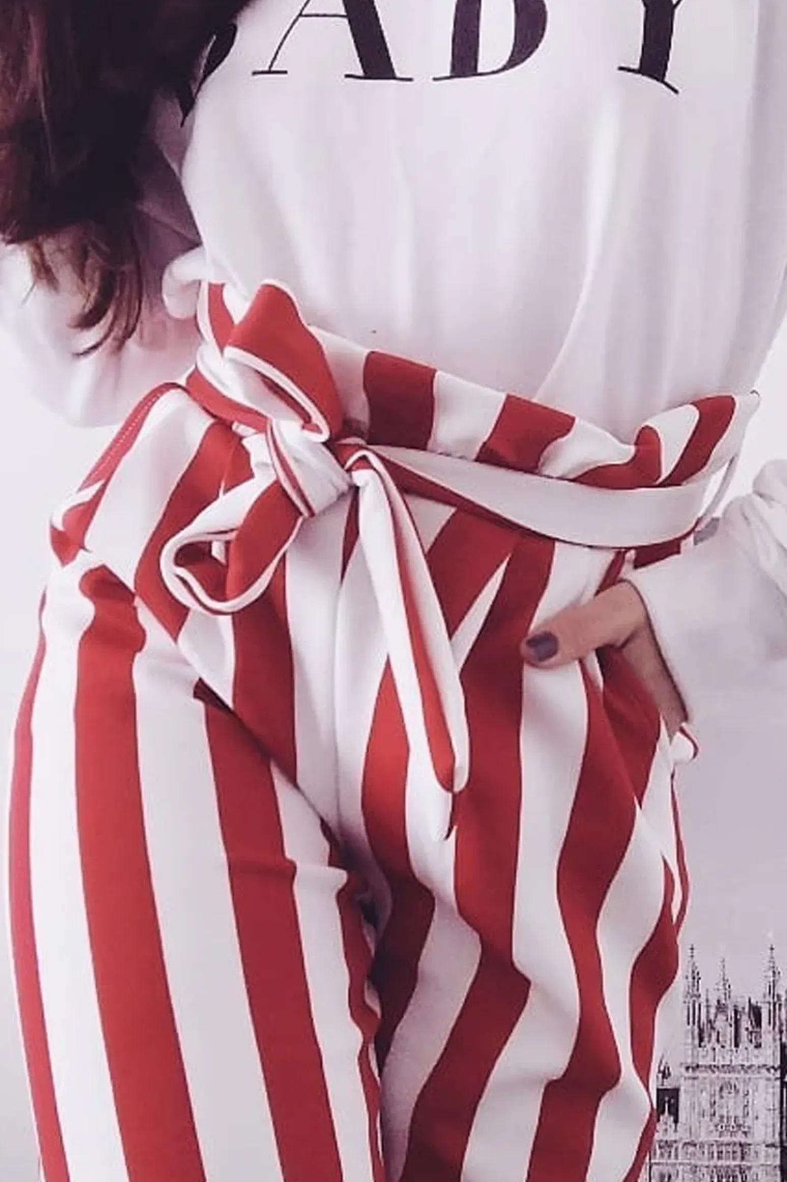 Rebellious Fashion Red and White Striped Tie Waist Tapered Trousers - Dura