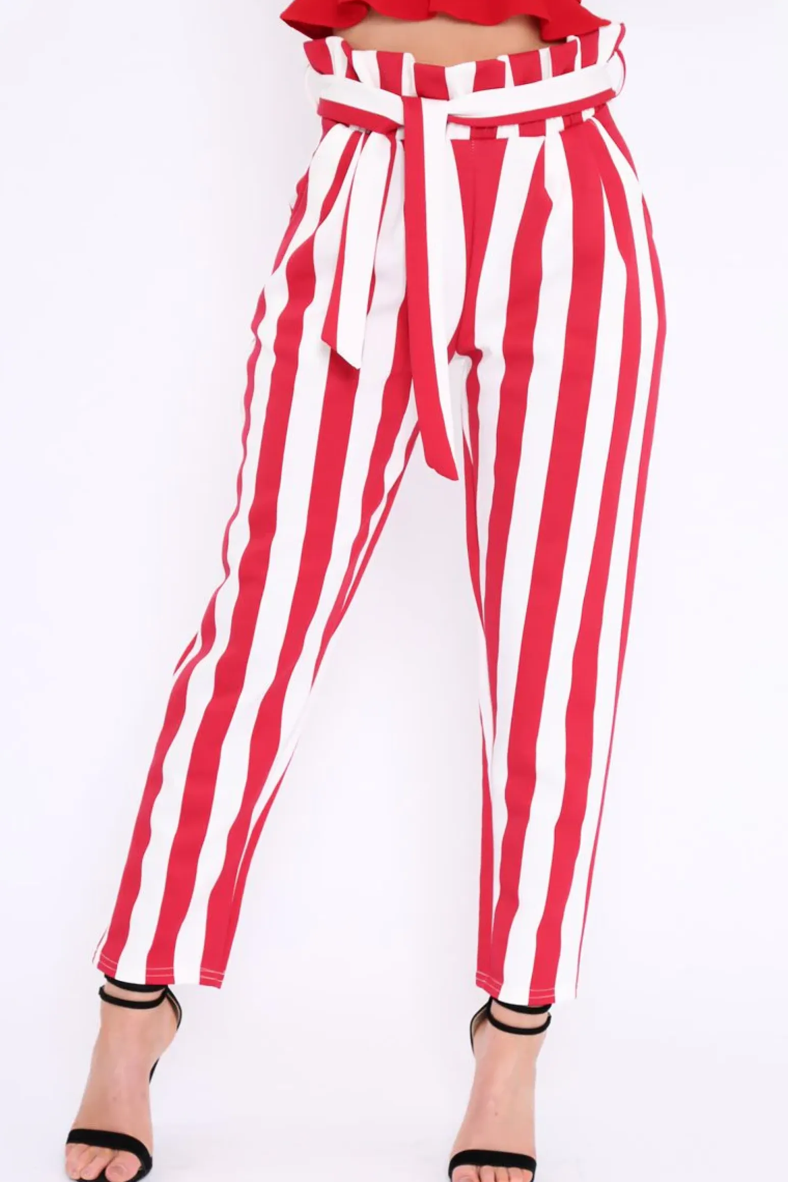 Rebellious Fashion Red and White Striped Tie Waist Tapered Trousers - Dura