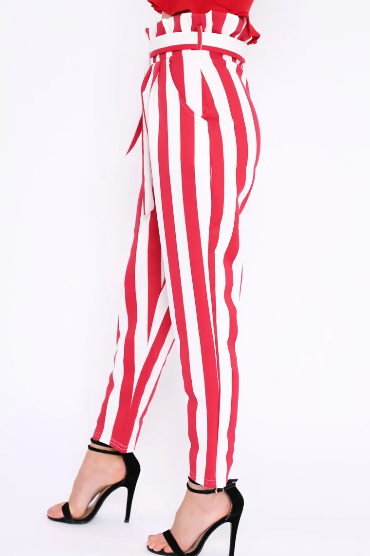 Rebellious Fashion Red and White Striped Tie Waist Tapered Trousers - Dura