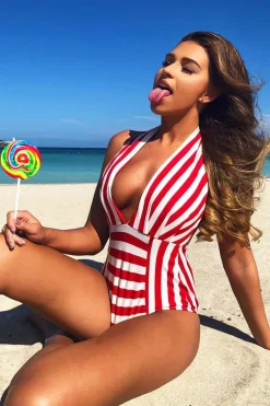 Rebellious Fashion Red and White Stripe Halterneck Swimsuit - Cidney