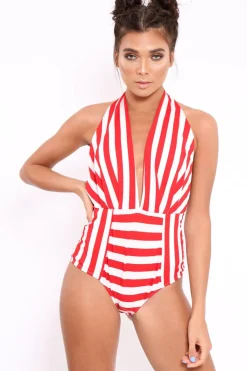 Rebellious Fashion Red and White Stripe Halterneck Swimsuit - Cidney