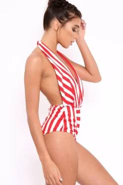 Rebellious Fashion Red and White Stripe Halterneck Swimsuit - Cidney