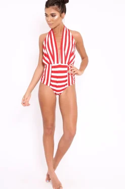 Rebellious Fashion Red and White Stripe Halterneck Swimsuit - Cidney