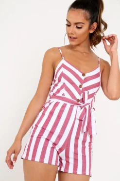 Rebellious Fashion Red And White Tie Button Front Playsuit - Alanni