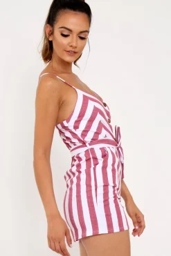 Rebellious Fashion Red And White Tie Button Front Playsuit - Alanni