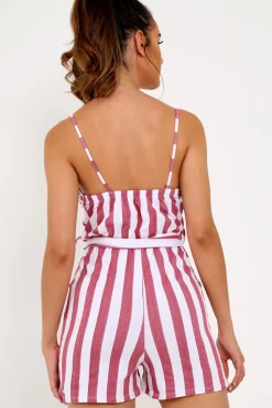 Rebellious Fashion Red And White Tie Button Front Playsuit - Alanni