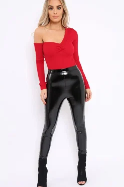 Rebellious Fashion Red Asymmetric Bodysuit - Carlina