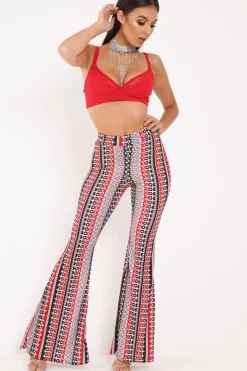 Rebellious Fashion Red Aztec Print Flare Trousers - Brena