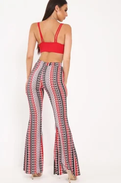 Rebellious Fashion Red Aztec Print Flare Trousers - Brena