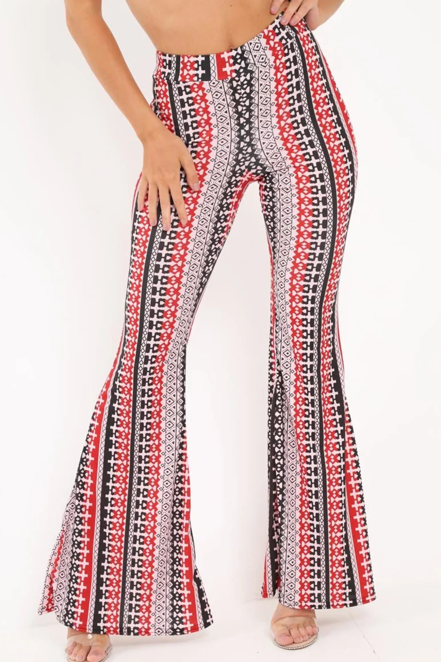 Rebellious Fashion Red Aztec Print Flare Trousers - Brena