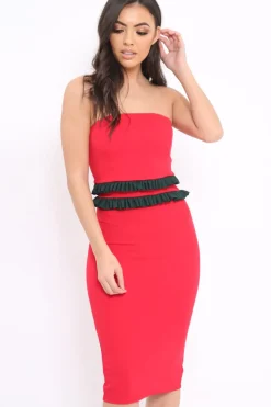 Rebellious Fashion Red Bandeau Ruffle Midi Dress - Leigh