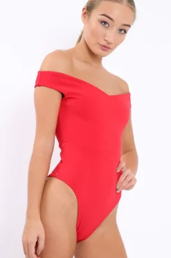 Rebellious Fashion Red Bardot Bodysuit with V dip front - Hettie