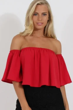 Rebellious Fashion Red Bardot Crop Top - Bryony