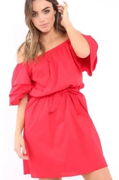 Rebellious Fashion Red Bardot Dress with Ruffled Sleeves - Breena