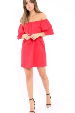 Rebellious Fashion Red Bardot Dress with Ruffled Sleeves - Breena