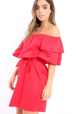 Rebellious Fashion Red Bardot Dress with Ruffled Sleeves - Breena