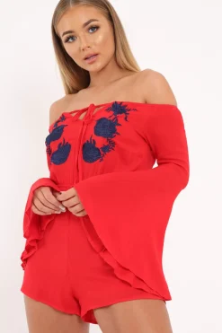 Rebellious Fashion Red Bardot Embroidered Playsuit - Siena