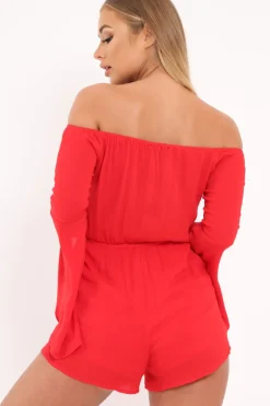 Rebellious Fashion Red Bardot Embroidered Playsuit - Siena