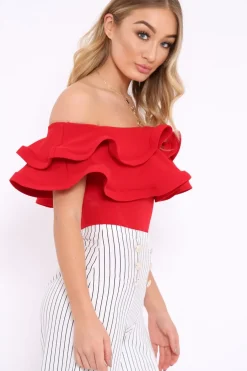 Rebellious Fashion Red Bardot Extreme Frill Bodysuit - Diandra