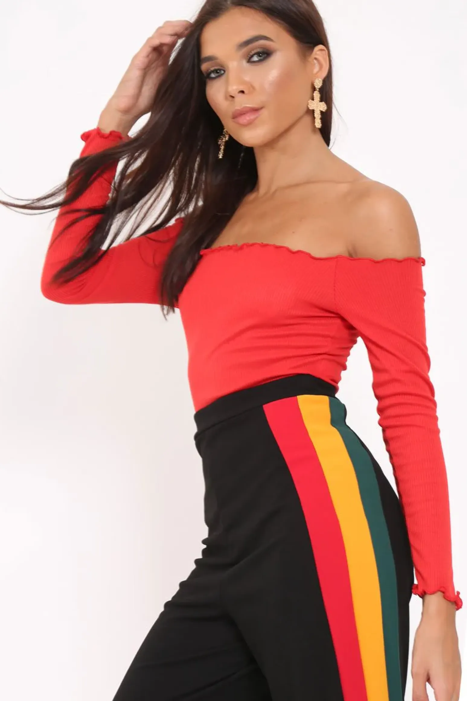 Rebellious Fashion Red bardot frill bodysuit - Kari