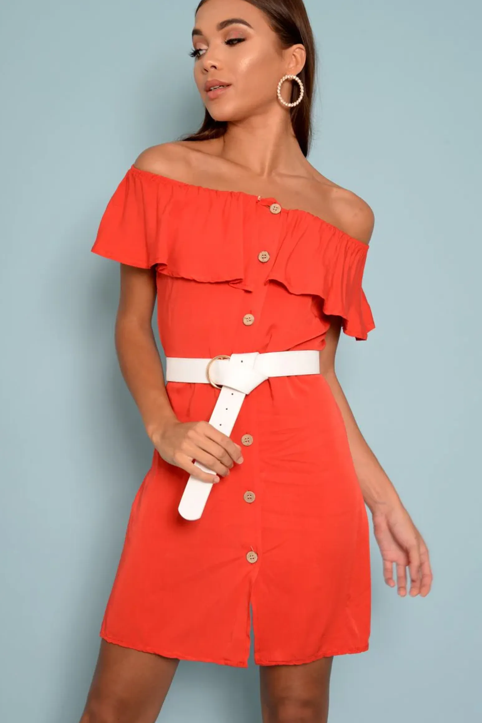Rebellious Fashion Red Bardot Frill Button Front Dress - Julissa